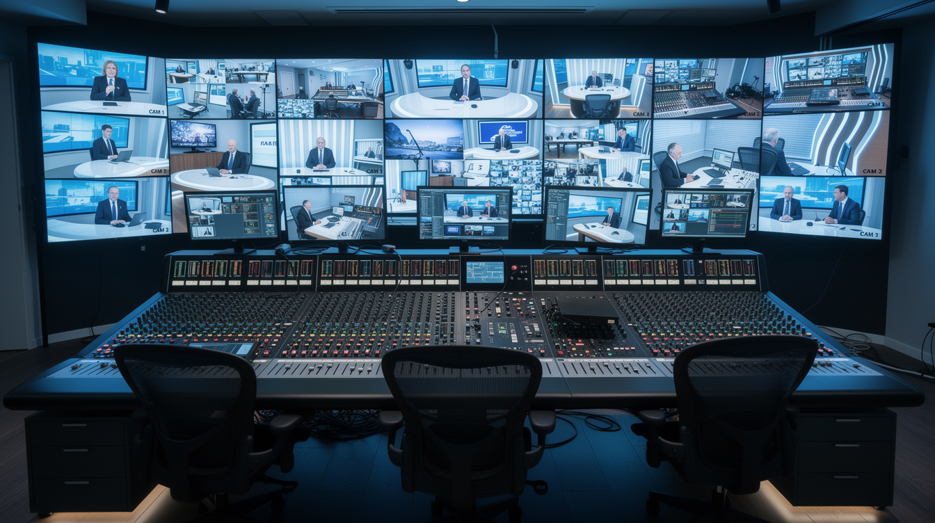 TV-regiekamer met meerdere schermen tijdens een live-uitzending